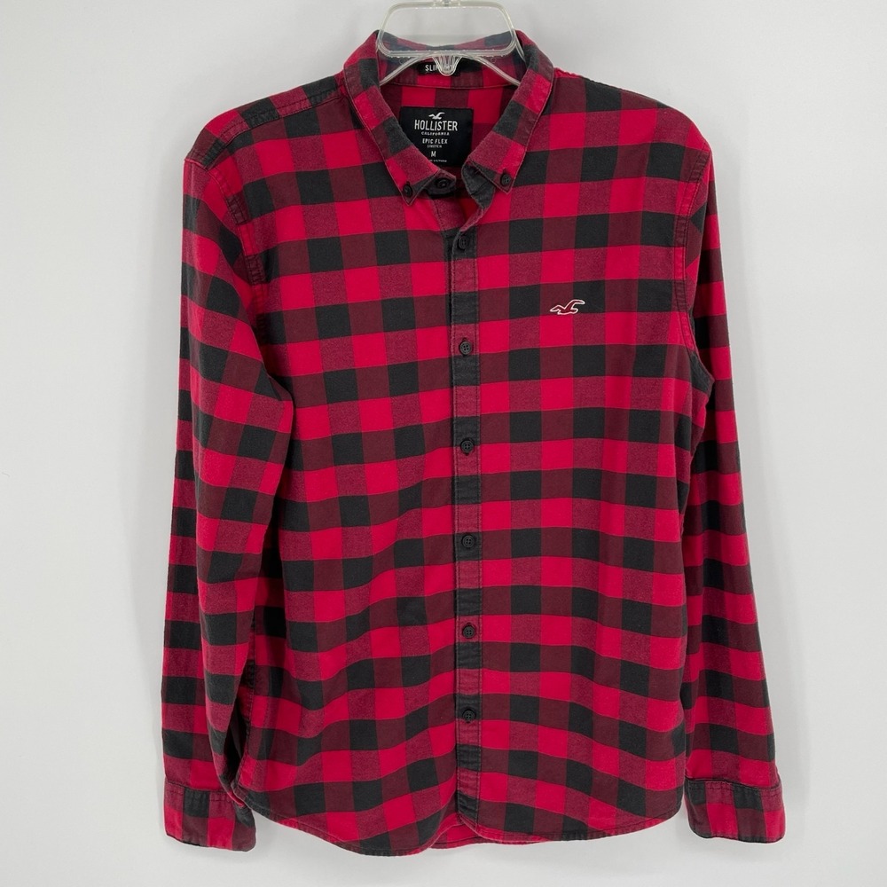 Hollister Men's Red Black Plaid Slim Fit Button‎ Up Shirt Size M